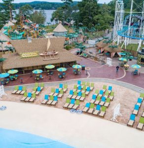 Canobie Lake Park, Castaway Island Expansion by Harrington Bomanite, plazas, decking, waterways,stamped with multiple Bomacron Patterns to give that real tiki inspired resort feel.