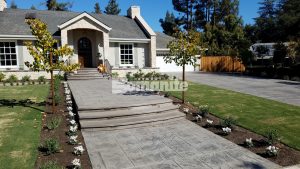 Interior Designer Lisa Davis worked with Heritage Bomanite for the Bomacron English Sidewalk Imprinted Concrete Driveway, Walkway and patio installations in Fresno, CA for this homeowners exterior hardscape plan