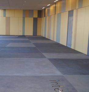 Bomanite of Tulsa, placed artistic decorative concrete walkways consisting of Bomanite Sandscape Texture Exposed Aggregate with several different colors of gray Bomanite Con-Color to provide an inviting exterior space and entrance to the Family Center for Juvenile Justice Facility.