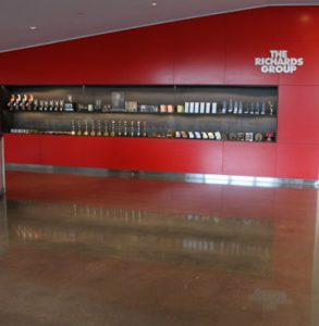 Texas Bomanite, Dallas TX, installed the Bomanite Custom Polishing VitraFlor System for The Richards Group new office building lobby floor with a salt and pepper aggregate exposure finish.