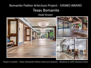 Texas Bomanite installed Bomanite Patène Artectura and Bomanite Modena SL with Chemical Stain at Hotel Drover in Fort Worth, TX, earning them the GRAND AWARD at the Bomanite Decorative Concrete Annual Awards.