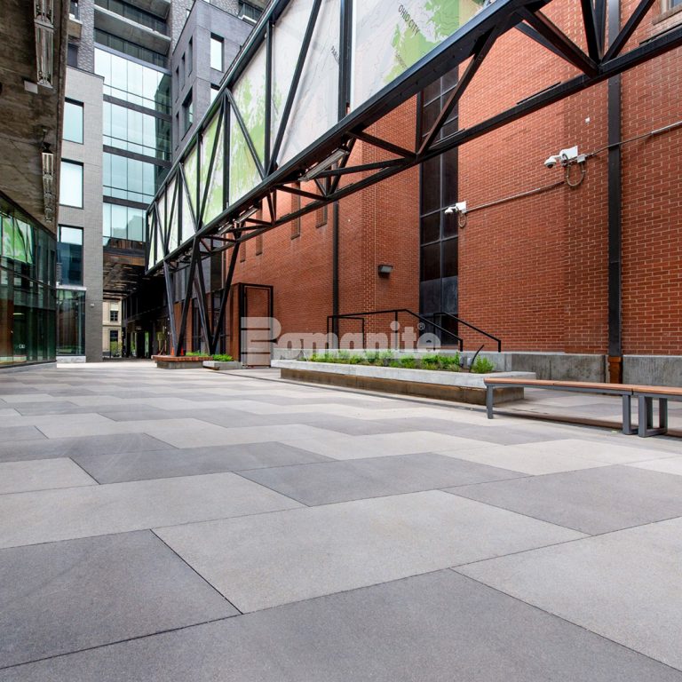 Bomanite Sandscape Texture decorative concrete was installed at Market Station by Colorado Hardscapes and their input on color, scoring layout, and other construction details resulted in a stunning hardscape.