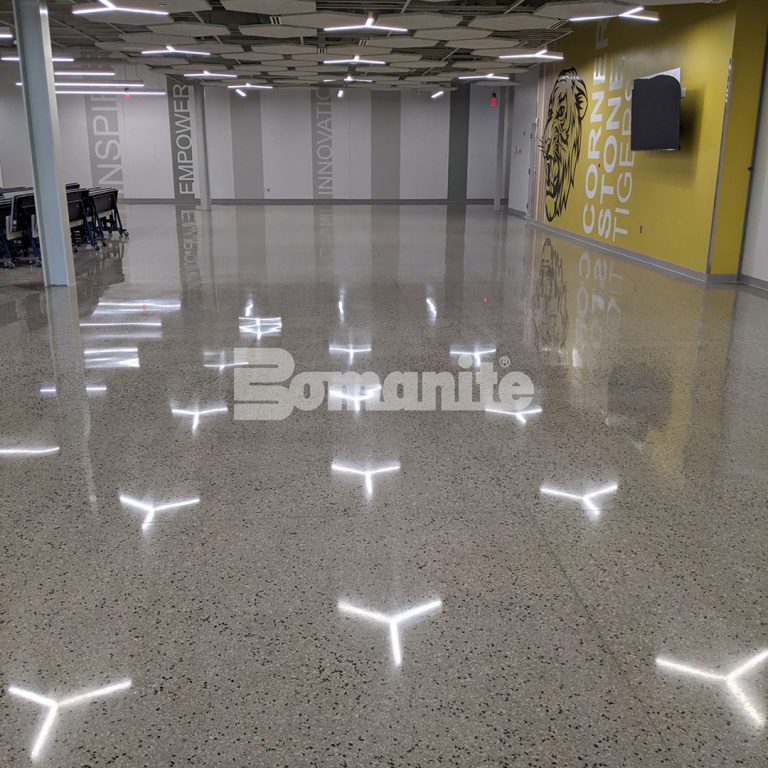 Musselman & Hall created a custom seeded aggregate finish with their installation of Bomanite VitraFlor polished concrete.