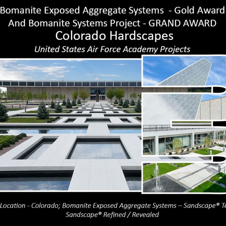 2024 GRAND AWARD: Colorado Hardscapes–USAFA–Colorado Springs Bomanite Sandscape Texture, Bomanite Sandscape Refined, Bomanite Revealed